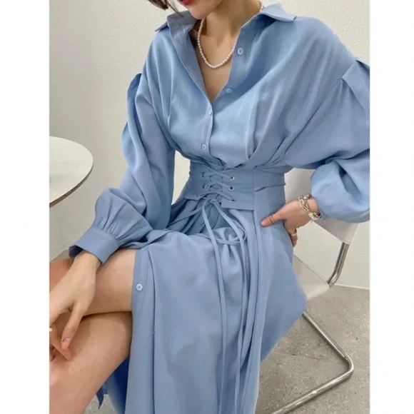 NWOT Korean Brand Black Corset Lace Up Long Belted Button Down Dress - Picture 2 of 16